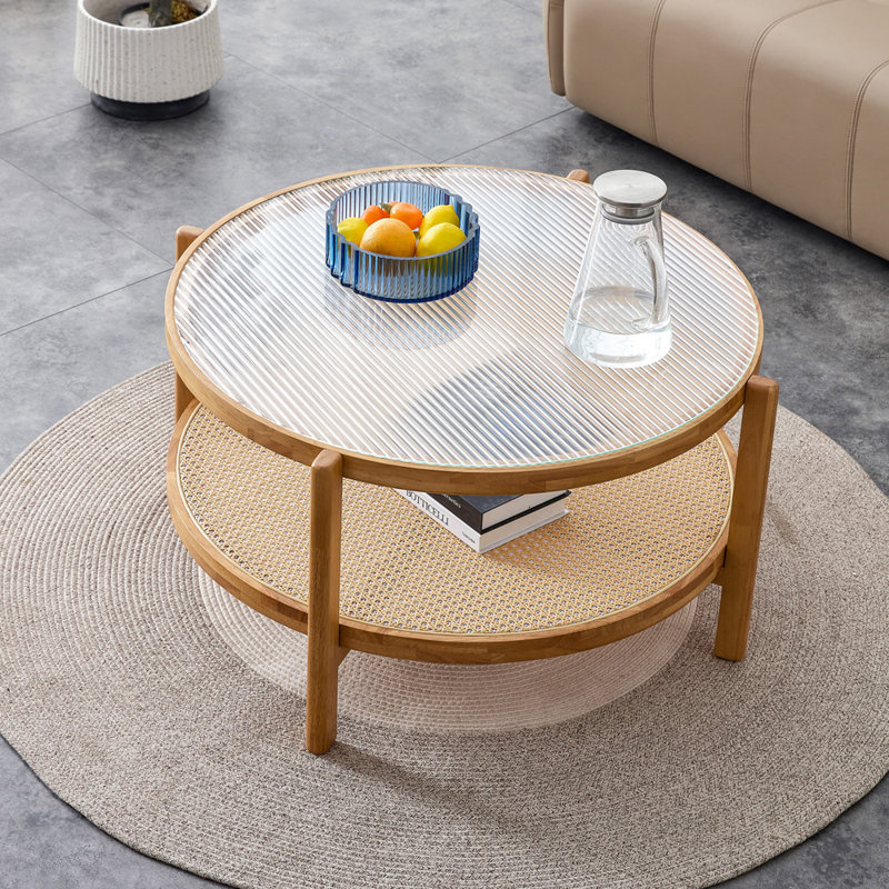 Modern Minimalist Circular Double Layer Solid Wood Coffee Table Craft Glass Tabletop Second Layer Material PE Rattan Solid Wood Frame. 34.6